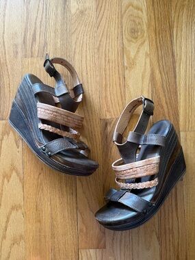 Bed Stu sz 8 Wedge Sandals with Braided Strap in Brown and Tan